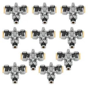 10-Pack 1/2" Push Connect x 1/2" Push Connect x 1/4" OD Compr. Tee Stop Valve, 1/4 Turn (Lead Free)