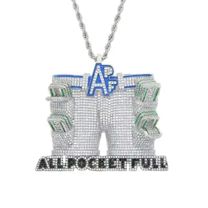 Bling Artificial Gemstone Hip Hop Necklace with Golden Iced Out Money Charm, Large "All Pocket Full" Pendant, Rope Chain, Stylish Street Fashion Jewelry, Ideal Gift for Young Adults, Large Pendant
