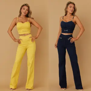 TWO PIECE DENIM CROP PANTS SETS - CROP DENIM TANK TOP WITH HOOK CHAIN ADJUSTABLE STRAPS - HOOK CHAIN ON POCKET FLAP - FULL ZIPPER ON THE BACK