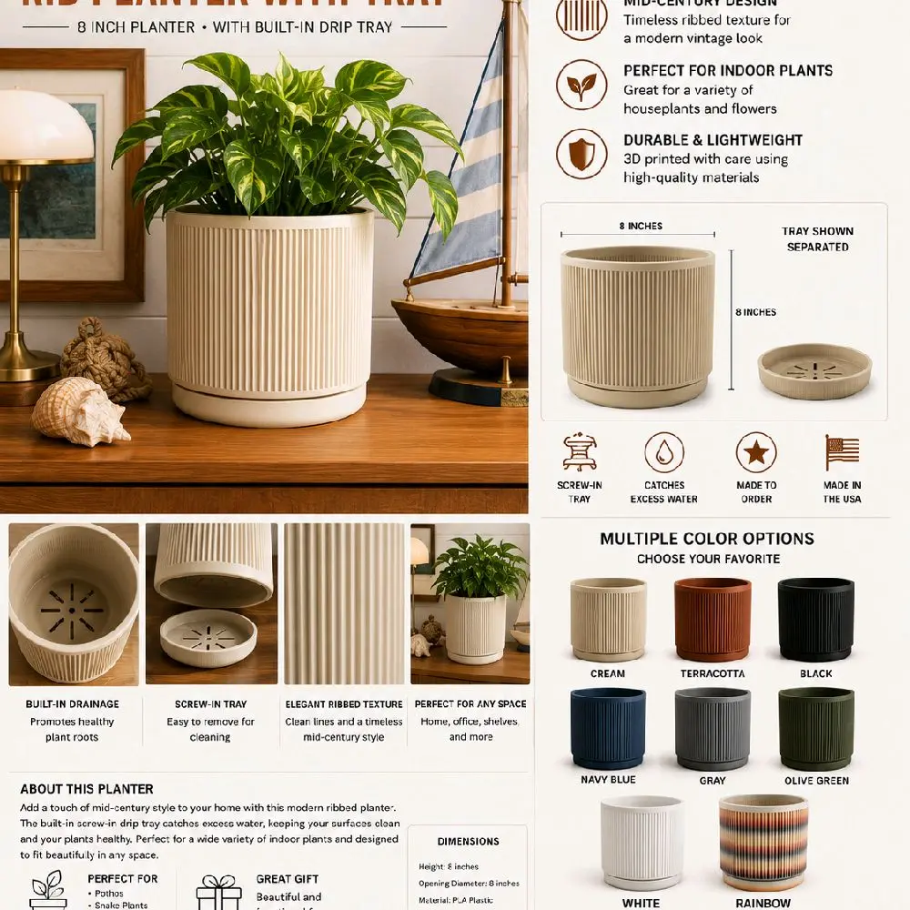 8" Mid-Century Modern Ribbed Planter with Screw-In Drip Tray | Indoor Plant Pot