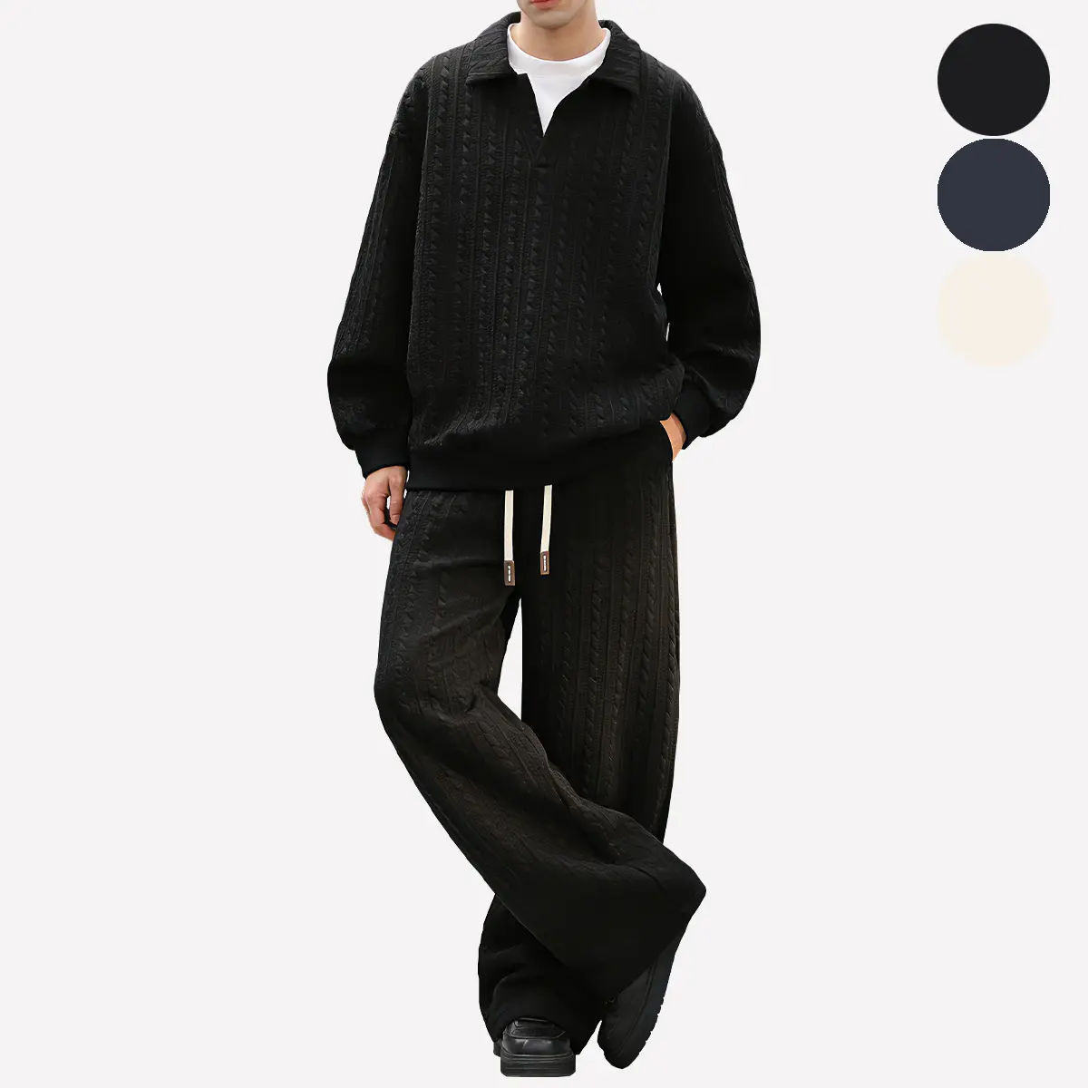 Men's Casual Sports Set Solid Color Jacquard Texture Long Sleeve Sports Shirt Plus Size Everyday Wear Drawstring Waist Flip Collar Top, Solid Color Sportswear, Sports Clothing Set, Sweatsuit Sets, Tracksuit Sweat Suits