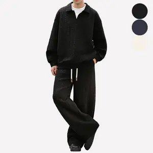 Men's Casual Sports Set Solid Color Jacquard Texture Long Sleeve Sports Shirt Plus Size Everyday Wear Drawstring Waist Flip Collar Top