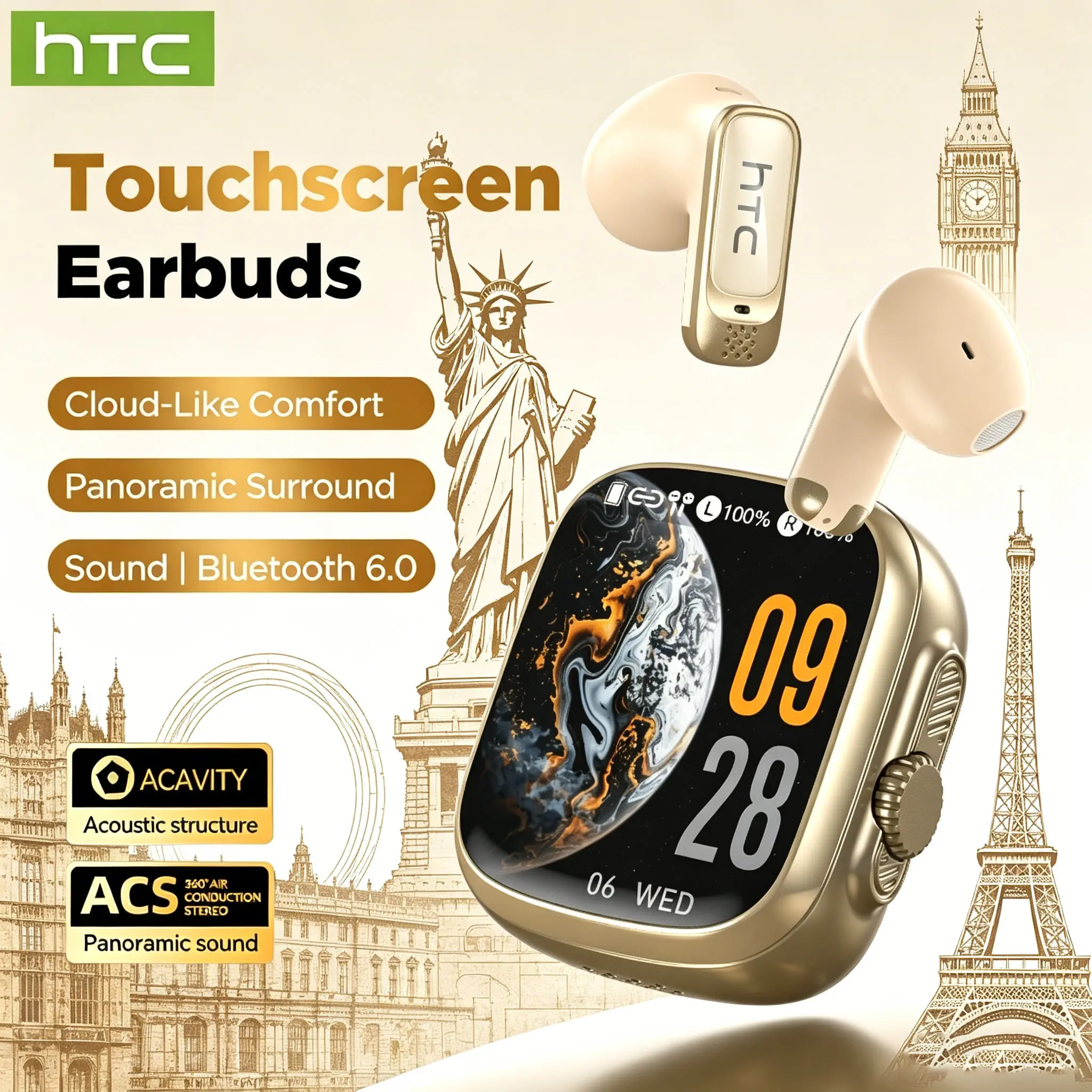 HTC NE72 Wireless Earbuds with Smart Screen, Bluetooth Earphones and Speaker Combo, Language Translator Earbuds, Smart Touch Control Music & TikTok Remote Shutter, Waterproof Wireless Headphones(Gold)