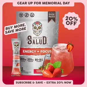 Salud 2-in-1 [Energy + Focus – Strawberry Margarita] Clean Energy Drink Mix, Agua Fresca, Organic Caffeine, B6 & B12, L-Theanine, Drink Packets, Non-GMO, Gluten Free, Vegan, Low Calorie, 1g Sugar (15 Servings)