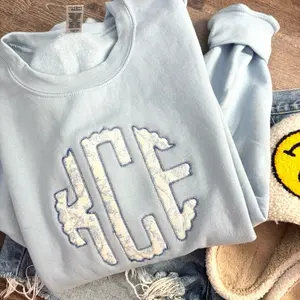 Grandmillenial Monogrammed Embroidered Crewneck | Blue Chinoiserie Applique | Gildan Embroidered Crewneck
