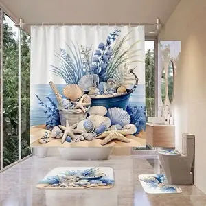 4Pcs Shower Curtain Set Seashell Collection, Starfish Accent, Nautical Bucket, Bathroom Sets with Rugs, Christmas Halloween Thanksgiving, Bathroom Decor, Blue White Ocean Treasures in Metal Pail With Sand and Seaweed Details
