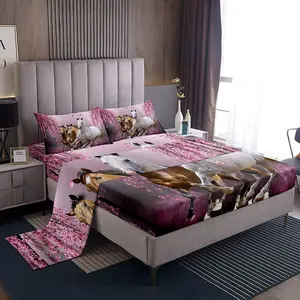 Feelyou 3D Cherry Blossom Branches & Galloping Horse Microfiber Bed Sheet Set - Soft Breathable, Decorative Bedsheet Sets with Elegant Design for Girls, Horse-Themed Fitted Sheets Linens Collection