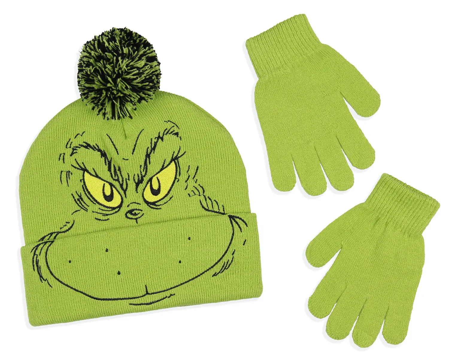 Dr. Seuss' The Grinch Cuffed Pom Beanie and Glove Set, Stylish 2-Piece Winter Accessories with Embroidered Grinch Face, Stylish Accessories, Styling