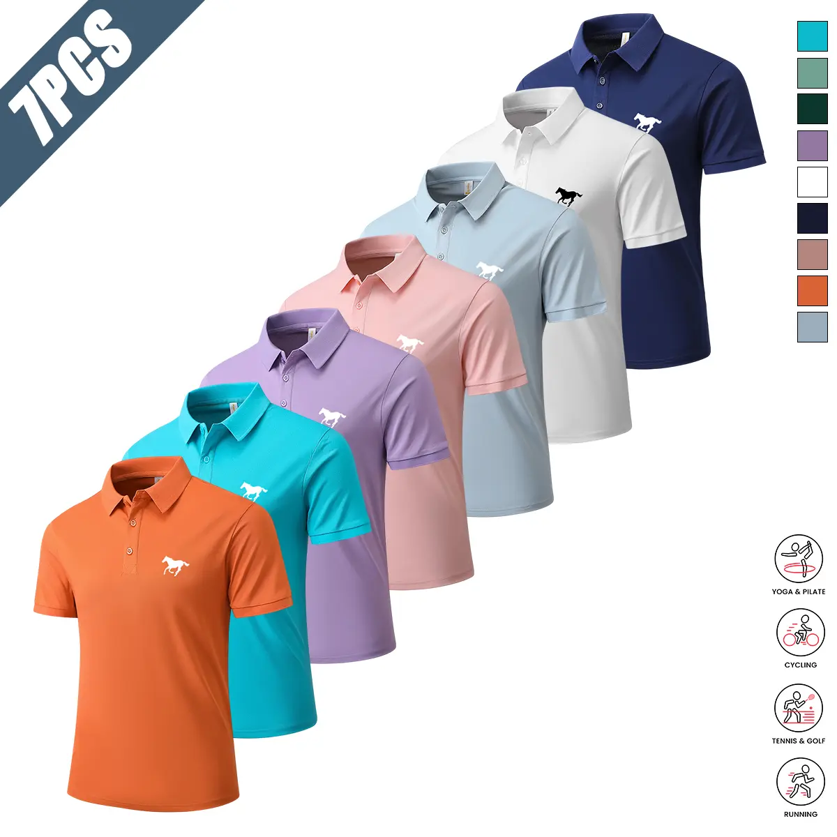 Men's 7-Pack Breathable Dry Fit Athletic Polo Shirts - Casual Solid Color Short Sleeve Performance Tops for Golf Sports Wear, Breathable Sports Wear,back to school,back to school shopping, Dry Fit Polo