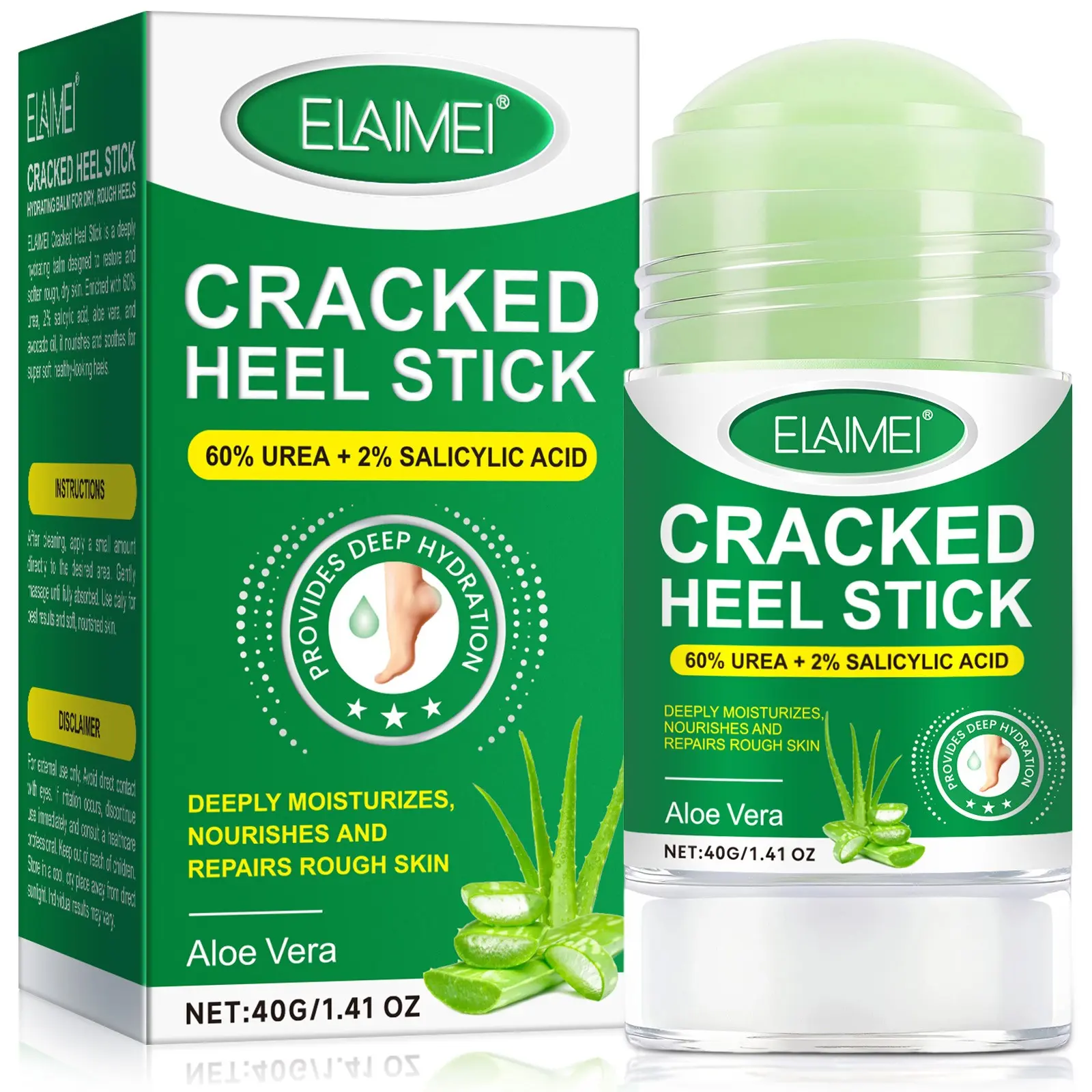 ELAIMEI Aloe Vera Foot Care Stick, Cracked Heel Stick 40g: roll it on for application to toes, heels, and hard-to-reach sole areas. Easy to control amount used. Softens hard skin and dead skin cells