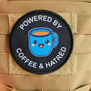 Powered by coffee and hatred meme 3" circle removable morale patch with hook and loop backing