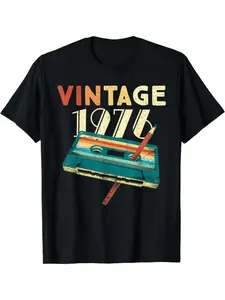 Vintage 1976 Music Cassette 48th Birthday Gifts 48 Years Old T-Shirt Graphic Custom Printed Short Sleeve Shirts Men Clothing