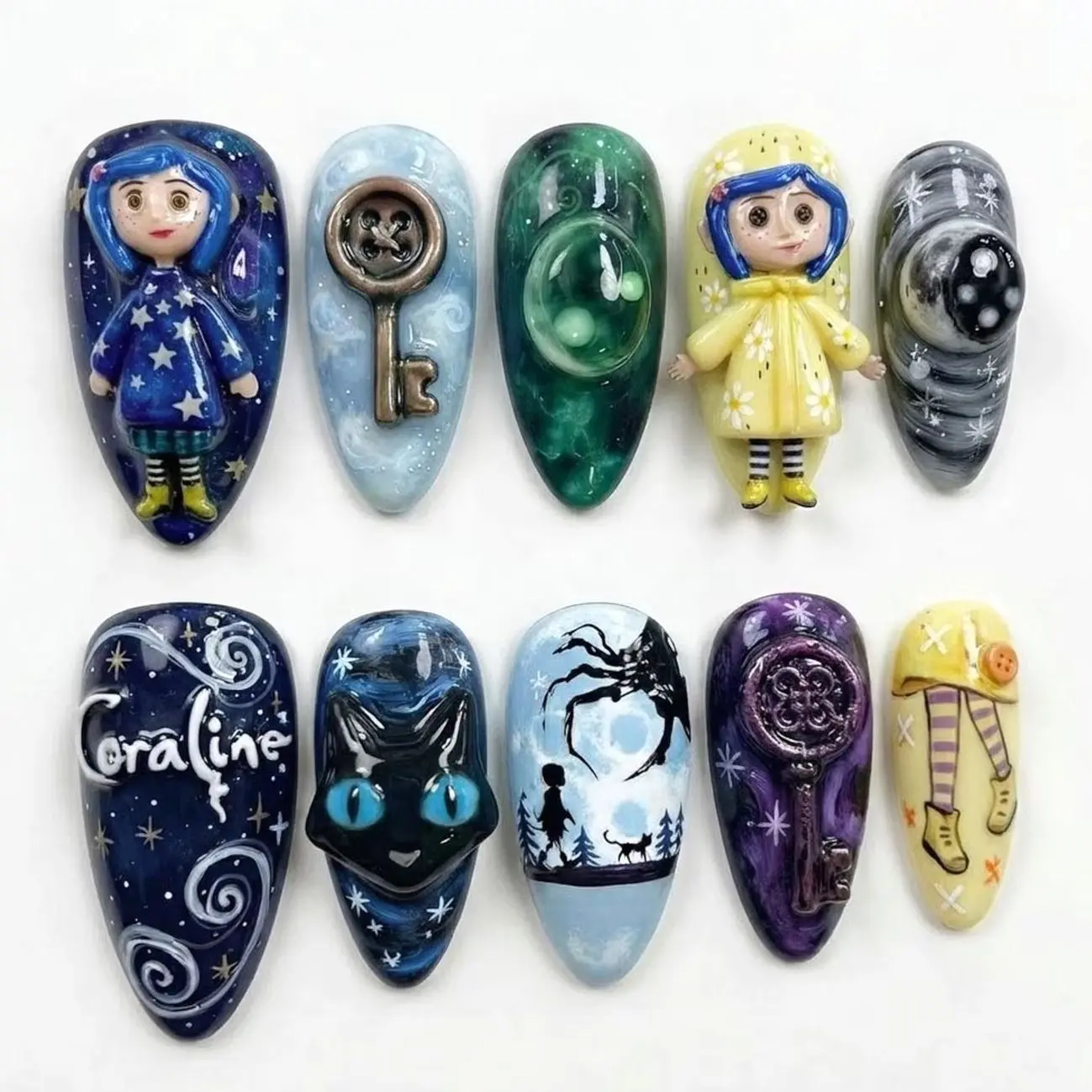 Coraline Press On Nails, 3D Movie Manicure, Handmade Creepy Fake Nails, Fantasy Art Set