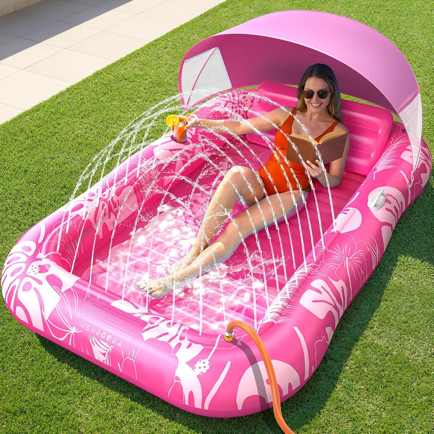 Inflatable Tanning Pool Lounger Float with Sprinkler & Canopy , 77" x 48" Extra Large Tanning Pool Float for Adults, Sunbathing Water Lounge Bed with Pillow & Cup Holder for Backyard & Pool