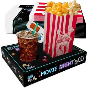 Movie Night Supplies(24pcs)-Neon Style Movie Night Snack Trays*12+Popcorn Buckets*12,'s Birthday Party, Night,Movie Night Snack Trays with Popcorn Bags. (Neon)