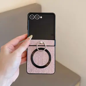 Multi-Color Texture Ring Foldable Cellphone Casing Case Cover For Samsung ZFlip3/4/5 | Textured Surface + Metal Ring Stand | Foldable Compatible + Shockproof Scratch-Resistant | Daily Outing Light Luxury Minimalist Aesthetic Style Smartphone