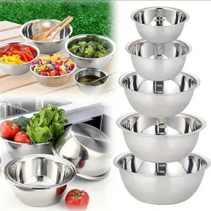 Stainless Steel Mixing Bowl Set 5pcs Silver Color for Food Storage Meal Prep Salad Kitchen Gadget Accessories Caviar Ice Bowl Slobber Stopper Water Buddy Bowl with Grinders