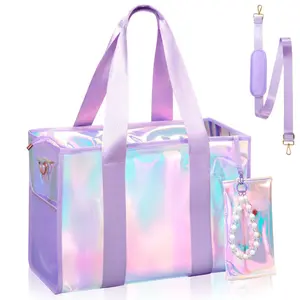 Iridescent Clear Beach Tote Bag, 26L Waterproof Handbag with Zipper & Phone Pouch, Anti-tip Crossbody Bag, Stylish Storage Bag for Travel & Outdoor Use
