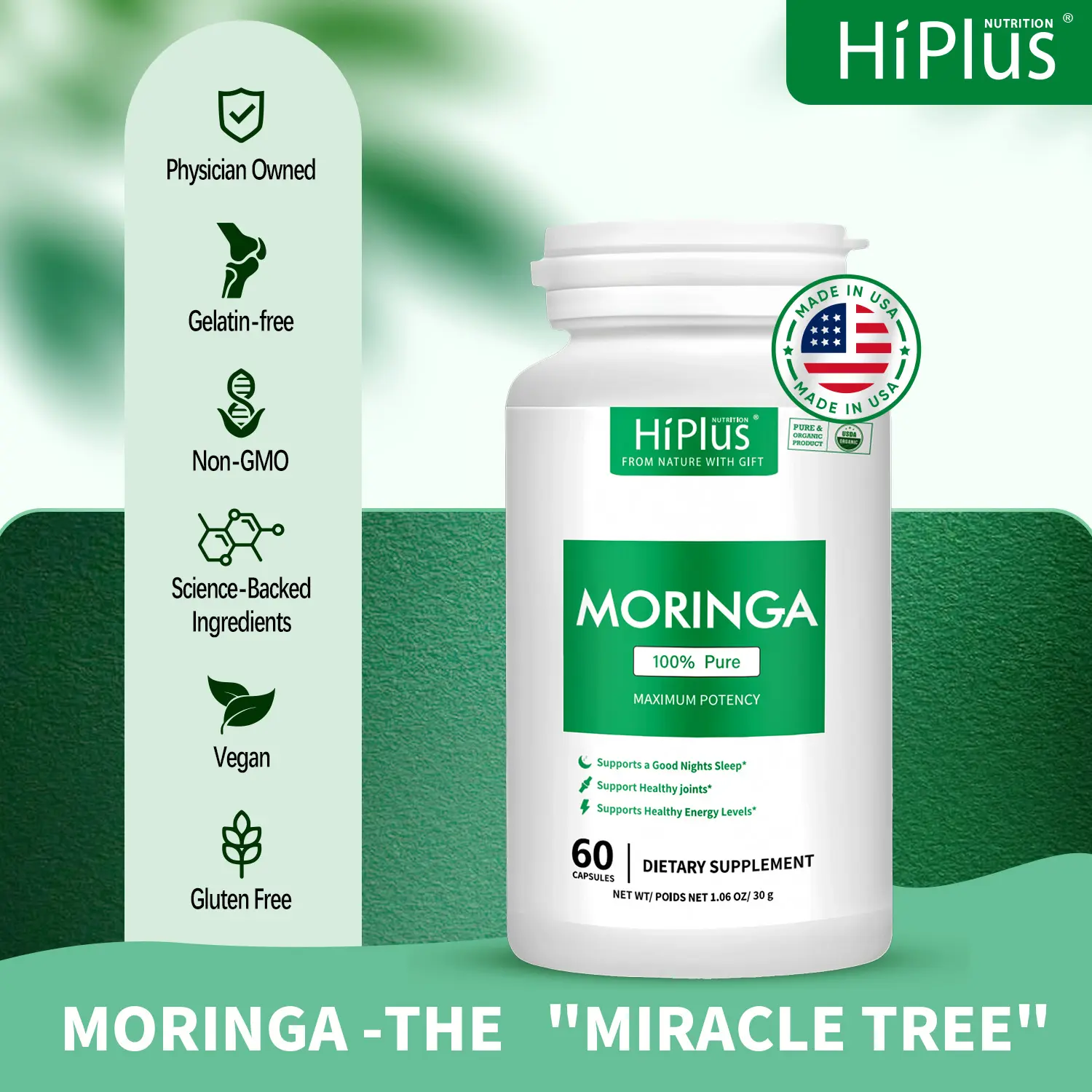 HiPlus Moringa Capsules | Pure Moringa Powder, Energy, Skin, Immune & Gut Health Superfood, Rich in Antioxidants, Essential Vitamins & Amino Acids, Natural Green Superfood Supplement | 60 Count