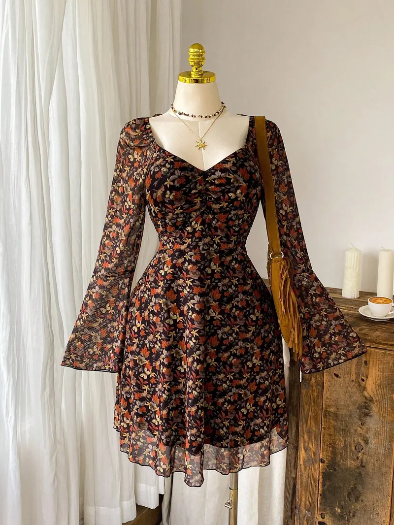 brown dress leaf print - TikTok Shop