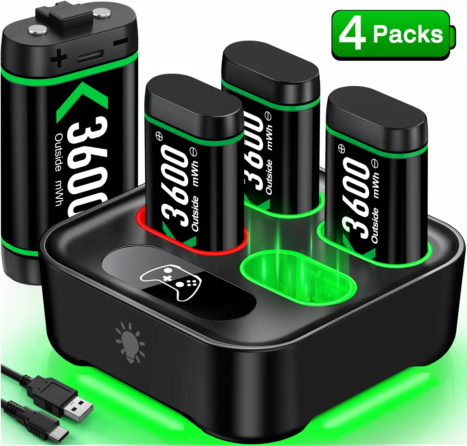 Charger for Xbox One Controller Battery Pack with 4x3600mWh USB Rechargeable Xbox One Battery Charger Station for Xbox Series X|S, Xbox One S/One X/Elite Controllers-Xbox One Accessories 1500mAh