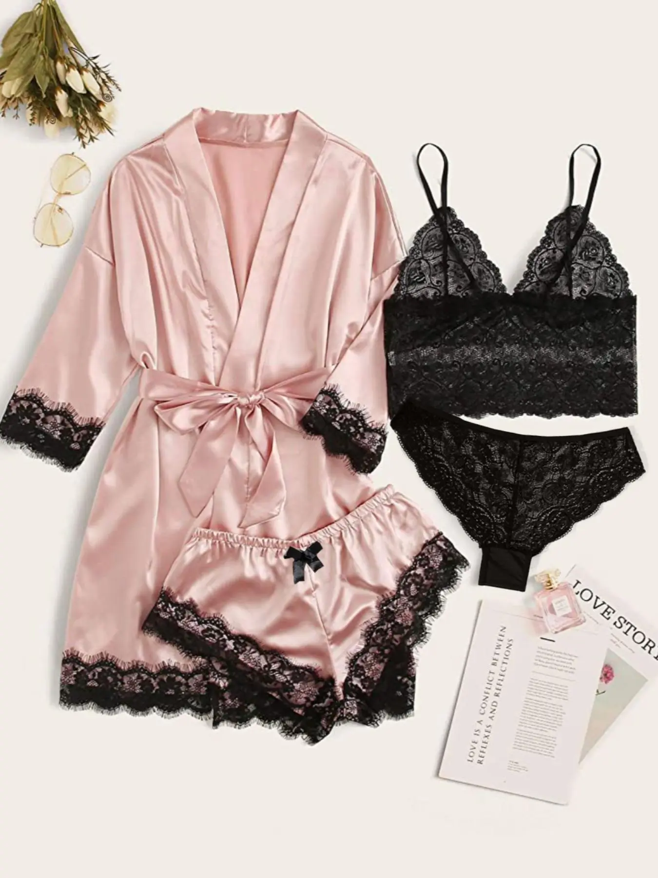 Women's Lace Satin Pajamas 4-Piece Set, Long Sleeve Contrast Lace Design, Soft Breathable Casual Sleepwear Loungewear for Spring & Fall