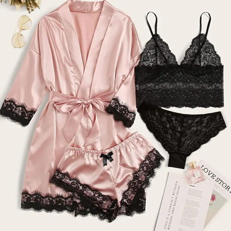 Women's Lace Satin Pajamas 4-Piece Set, Loungewear Pajama, Long Sleeve Contrast Lace Design, Soft Breathable Casual Sleepwear for Spring & Fall