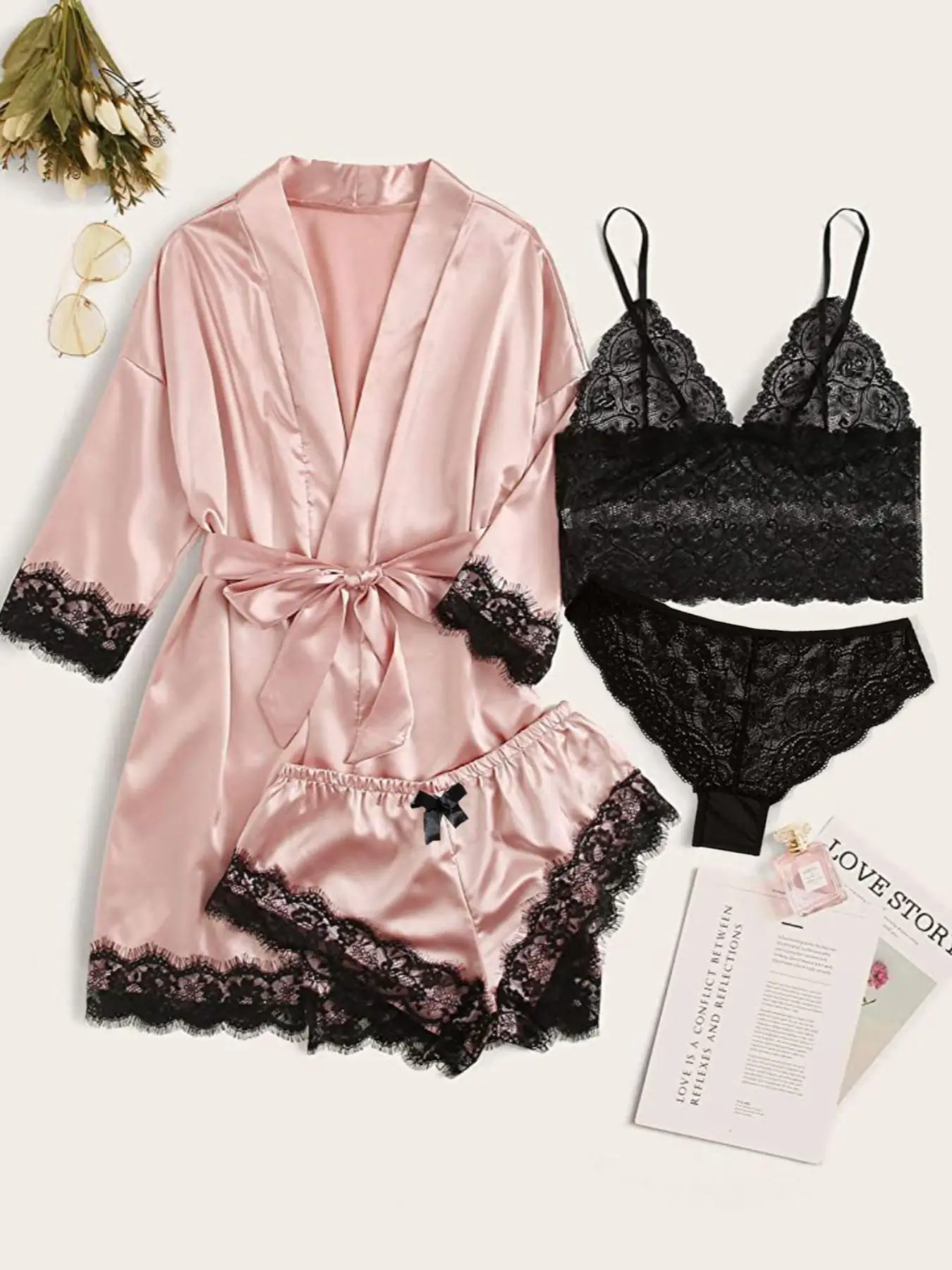 Women's Contrast Lace Pyjama Set, Comfy Cozy Bra & Panty & Belted Robe & Elastic Waist Shorts Pj Set for Daily Home Wear, Loungewear Set for Women, So
