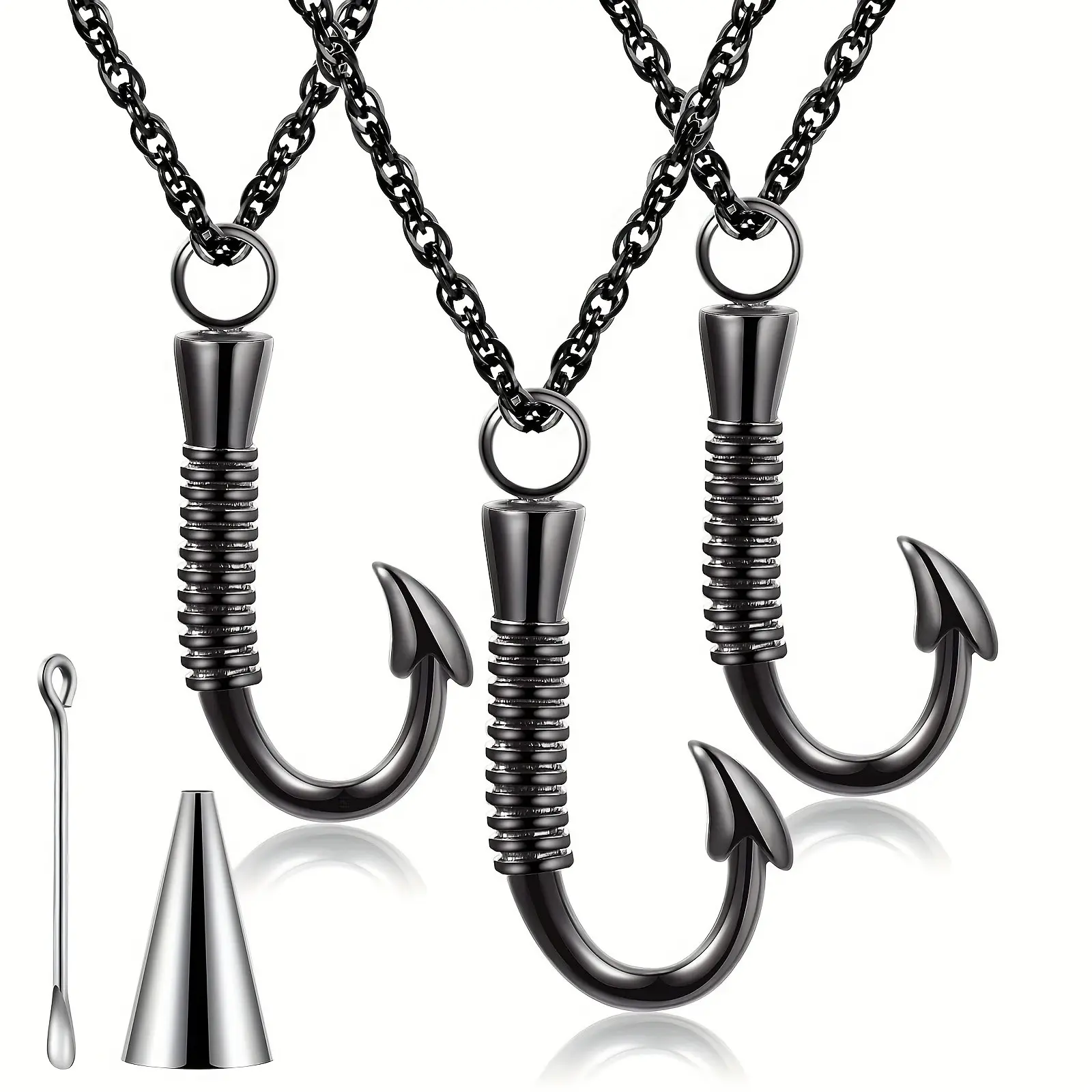 3pcs Fishing Hook Urn Necklace for Ashes Black Fish Hook 316L 316L Stainless Steel for Ash Keepsake Memorial Pendant for Men