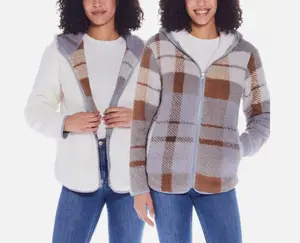Weatherproof Women Size Large (12/14) Reversible Plush Hooded Jacket, Blue/Brown