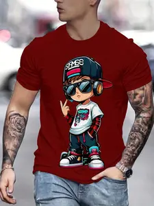 3D Round Neck Cartoon Print T-Shirt, Menswear, Must-Have for Fashion Lovers, Cool Street Style, Streetwear, Simple and Versatile, Casual Slim-Fit Top, Casual Style Tee