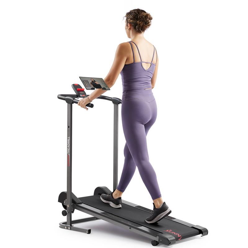 Sunny Health & Fitness Slim Foldable Manual Treadmill, Home Gym Workout Fitness, Fixed Incline, Shock-Absorbent 42" x 13" Deck, Performance Monitor, Compact Space-Saving Design for Walking/Jogging/Running, 330 lbs Capacity