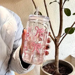 1 piece bow printed water cup with lid and straw, 16 oz canned water cup, ice coffee cup, suitable for tea, juice, milk, birthday gift, suitable for office, restaurant, classroom, picnic, party, Valentine's Day and New Year, Reusable Water Bottles