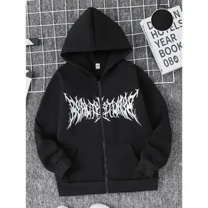 Boys' Casual Hooded Zip-Up Jacket - 100% Polyester Knit with Alphabet Print, Slight Stretch, Loose Fit Fall/Winter Season - Ages 12 and Under