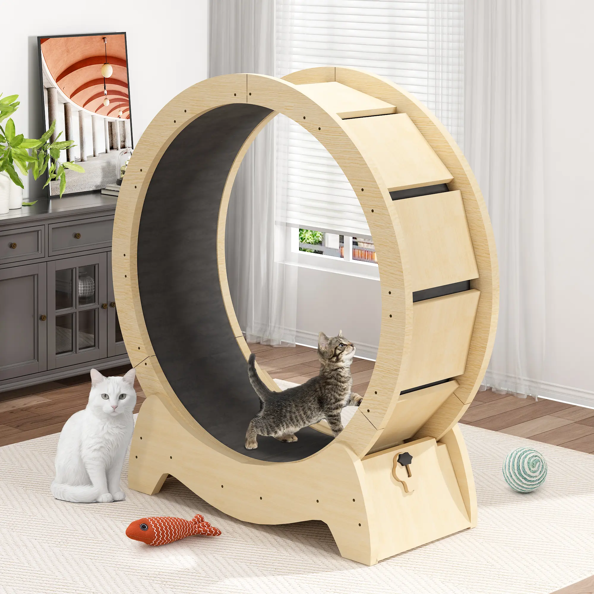 DKLGG Cat Wheel Exerciser 43.3 Inch Treadmill with Detachable Carpet & Teaser for Indoor Cats Solid Wood Construction Noise Reduction Easy Install Home Cat Toys Home