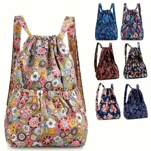 [1pc Floral Nylon Backpack] Lightweight Floral Print 1pc Nylon Drawstring Backpack | Travel & Sports Rucksack with Shoulder Straps, Vibrant Geometric Design, Multiple Compartments for Women, Pink