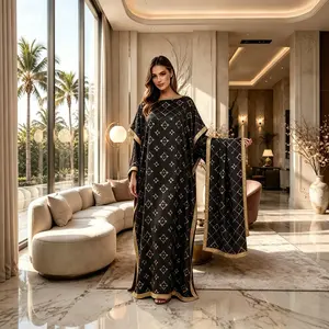 Geometric Print Robe Set – Long Shawl Dress + Satin Scarf for Beach Sun Protection