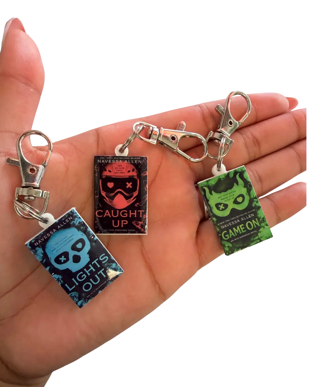 Navessa Allen Romantic Theme Mini Book Acrylic Keychain Set - Lights Out/Caught Up/Game On Charm Keychains, 3D Acrylic Designs, Lightweight Minimalist Stylish, Bookish Bag Accessory, Parking Key Accessory with Image Protection