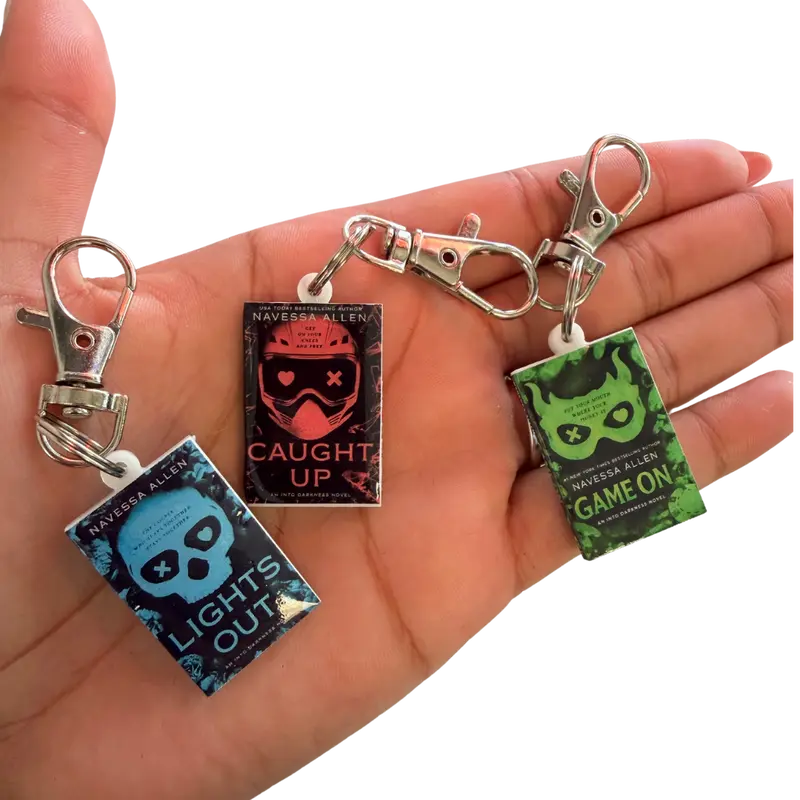 Navessa Allen Romantic Theme Mini Book Acrylic Keychain Set - Lights Out/Caught Up/Game On Charm Keychains, 3D Acrylic Designs, Lightweight Minimalist Stylish, Bookish Bag Accessory, Parking Key Accessory with Image Protection