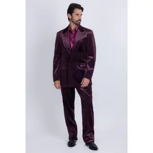 Ramblas Velvet Suit Formal Blazer Fabric Menswear - Slim Fit, Striped Pattern, Rhinestone Detailing, Double Breasted Jacket, Adjustable Waist Trousers Hem Pants