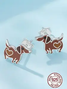 Cute Sausage Dog Earrings, Sterling Silver Color Animal Ear Studs, Pair of Dangle Earrings for Women & Girls Jewelry Collection