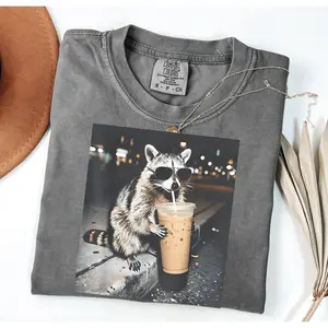 Comfort Colors Raccoon Drinking Iced Coffee Shirt | Funny Animal Meme Tee | Coffee Lover Raccoon Shirt | Comfort Colors Tshirt, Unisex Graphic T Shirt