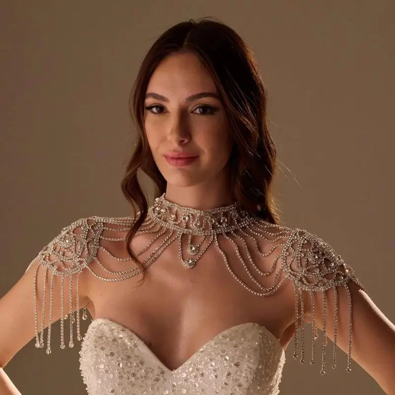 Women's Adjustable Fringe Rhinestone Shoulder Body Chain - Elegant Female Costume Jewelry for Party, Wedding, Evening Events, Glamorous, Luxury, Alloy, Body Jewelry Set