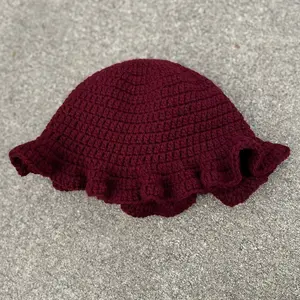Burgundy Crochet Ruffle Hat for Women - Fashion Accessory