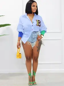 Saledress Tops Color Block Letter Print Button Down Shirts