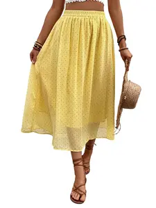 2026 New Women's Summer Wave Half Skirt Bottoms, High Waist Elastic Waist Lightweight Chiffon Flowy Midi Dress, Slimming A-Line Long Skirt, Casual Wear