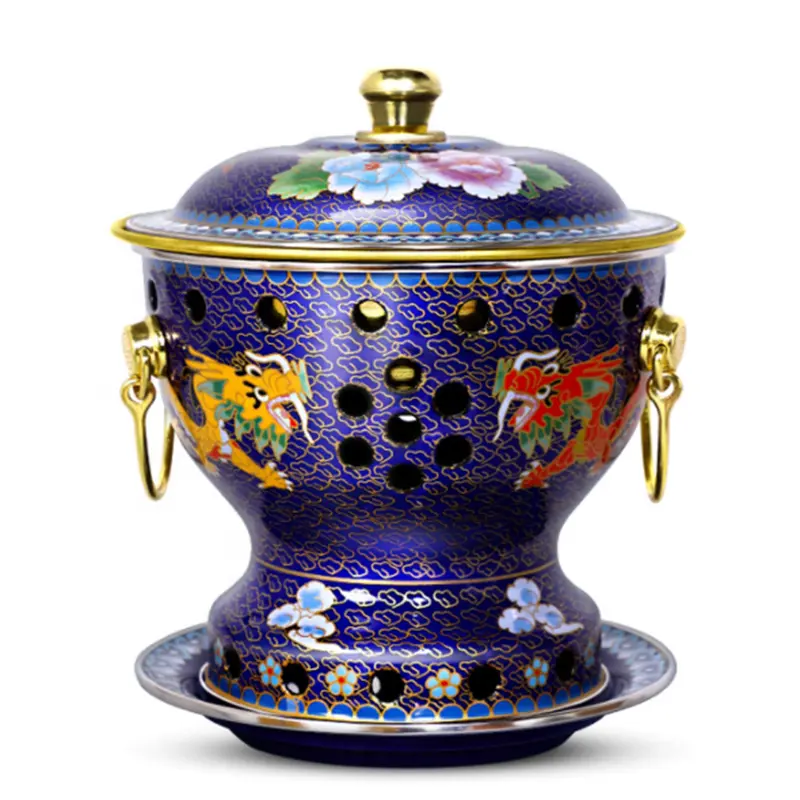 Pure Copper Dragon Glaze Red Traditional Cloisonne Enamel Alcohol Hot Pot - Stainless Steel Single Kitchen Cookware, Colorful Designs, Dietary Thermal Dish for Home Meat Preparation