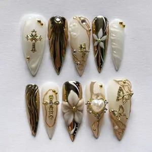 Luxury Cross Press On Nails, Gold Chrome Nails, 3D Flower Pearl Heart Nails