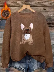 Cute Animal French Bulldog Print Faux Fur Round Neck Womenswear Top, Soft and Skin-Friendly, Casual Loose Fit Pullover, Christmas Style
