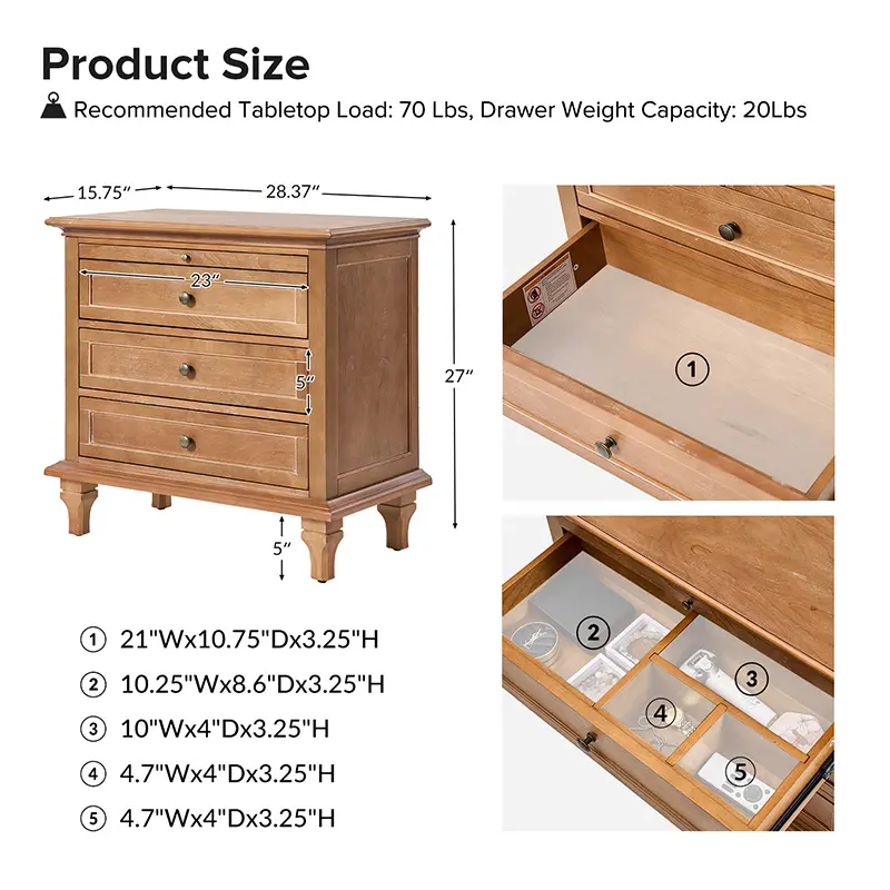 Hulala Lionel 3-Drawer Farmhouse Nightstand with Charging Station